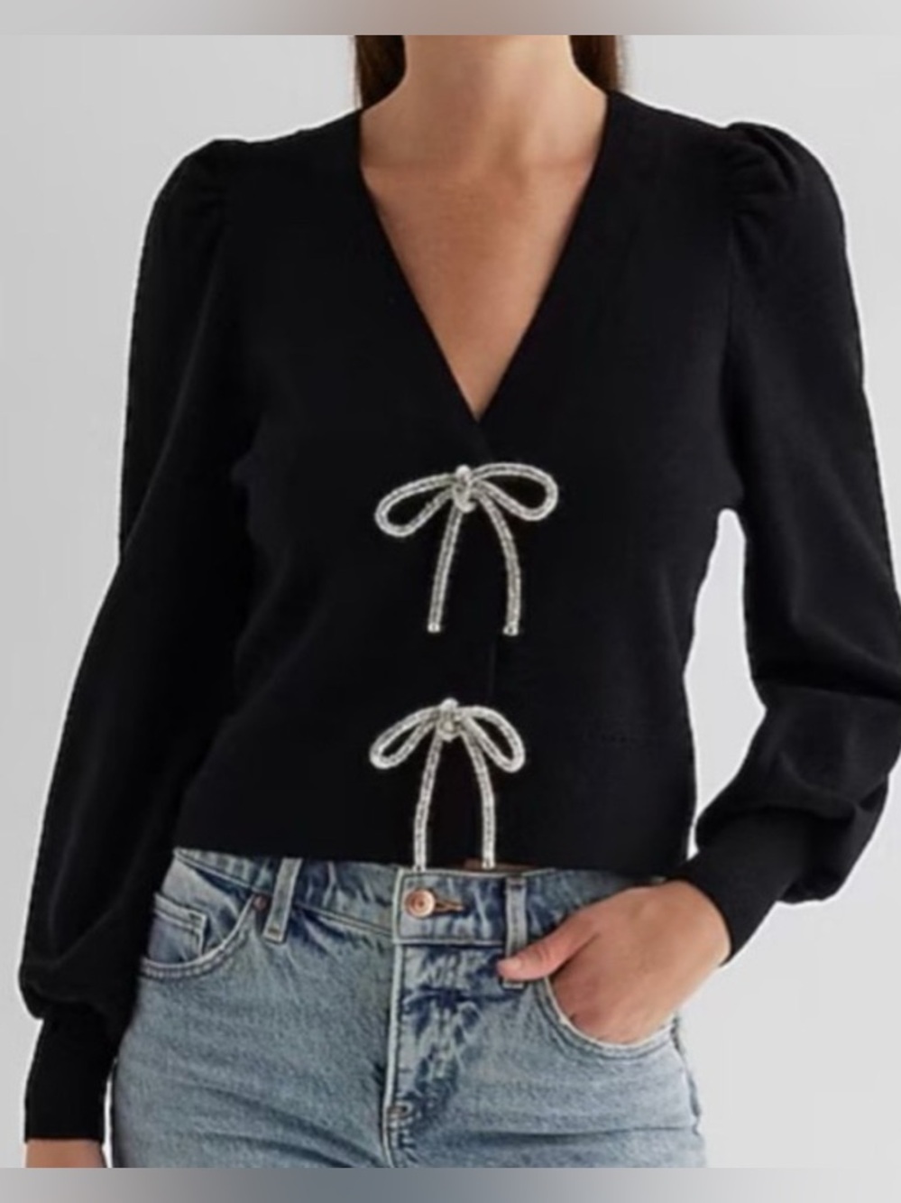 Express V-Neck Embellished Bow Cardigan